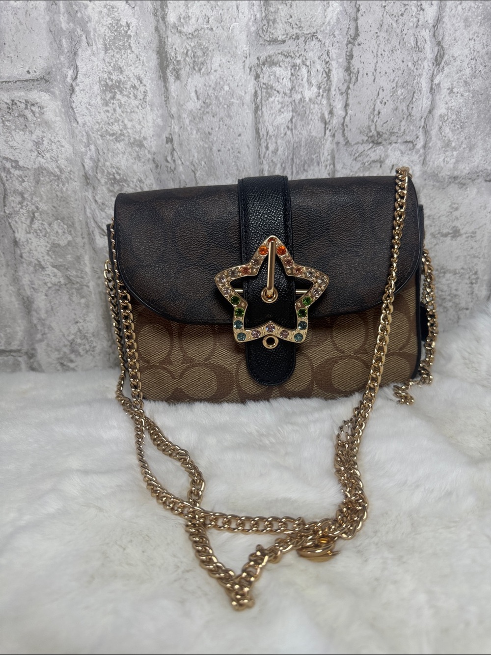 Designer-Inspired Brown and Black Crossbody Bag with Gold Chain